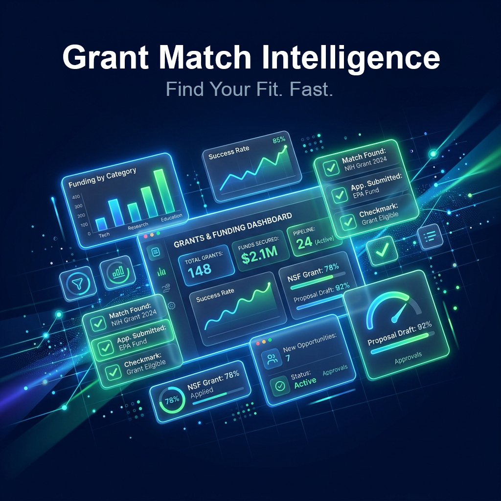 GrantsGovFinderPro Dashboard Mockup showing match scoring metrics